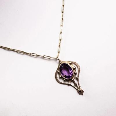 Vintage 14K Gold 16" Paperclip Chain Link Necklace With 10K Amethyst Pendant