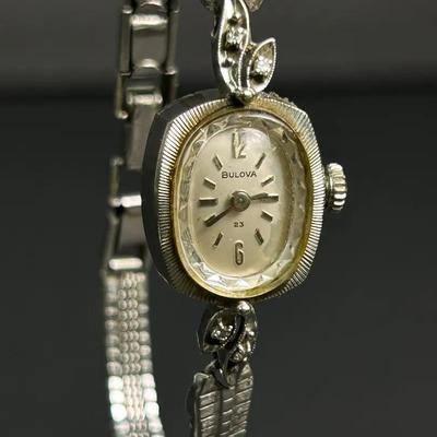 14K White Gold Bulova Vintage Diamond Accented Ladies - 23 Jewel Wrist Watch 