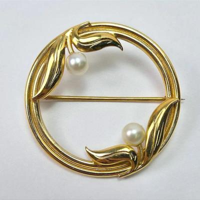 Vintage 14K Gold Pearl Accented Circle Brooch - 1.25" Diameter