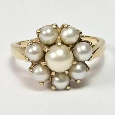 10K Gold Pearl Cluster Ring - Size 6.5