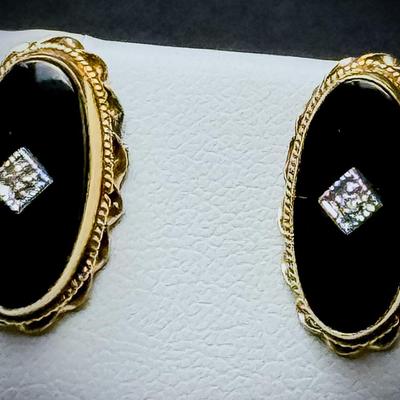 14K Gold Onyx & Diamond Earrings - .75" Long
