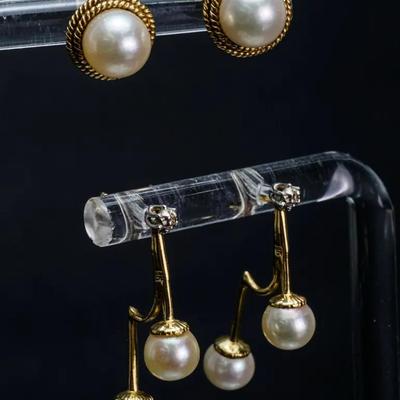 14K Gold Cultured Pearl Earrings, One With Diamond Accents - 5.5mm & 6.7mm -2 Pairs