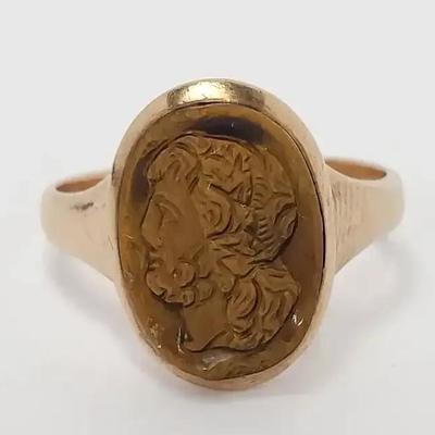 14K Gold Intaglio Carved Roman Head Ring - Size 7
