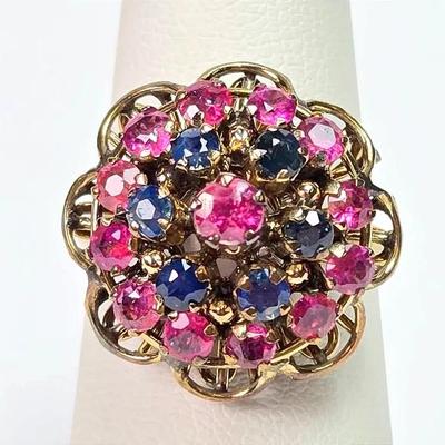 14K Gold Pink & Blue Sapphire Cluster Ring - Size 6.25