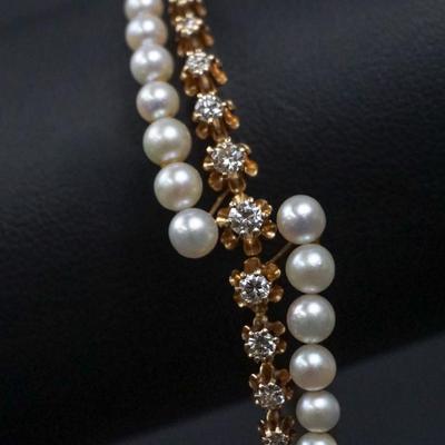 14K Gold Diamond & Cultured Pearl Hinged Bangle Bracelet- 2 3/8" Wide