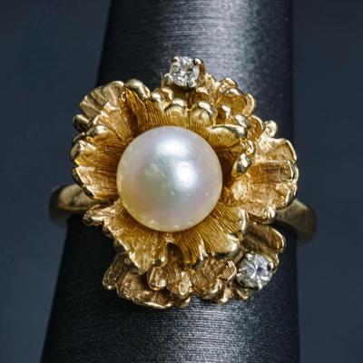 14K Gold 6.9mm Cultured Pearl & Diamond Ring - DAMAGED