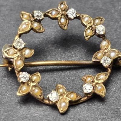 14K Gold Vintage Diamond & Seed Pearl Brooch / Pendant