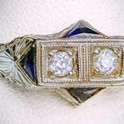 18K White Gold Art Deco Style Diamond & Sapphire Ring- Size 6