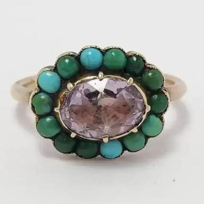 14K Gold Vintage Amethyst & Turquoise Ring - Size 4.25