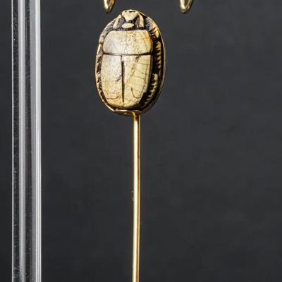 14K Gold Carved Scarab Stick Pin & Screwback Earrings