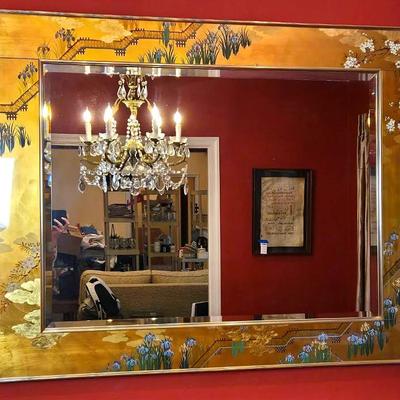 Chinoiserie Wall Mirror With Irises & Blossoms - 41x51” 