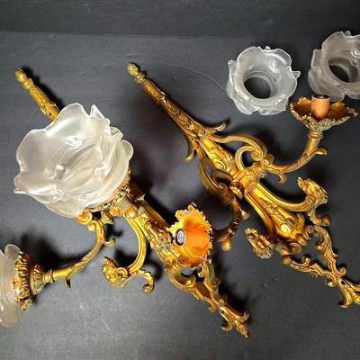 Ornate Cast Metal Wall Sconces With Floral Glass Shades - Hardwired