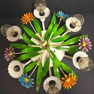 Vintage Tole Floral Light Fixture - 18” Diameter, 8” Drop