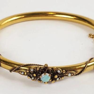 14K Gold Opal & Seed Pearl Hinged Bangle Bracelet
