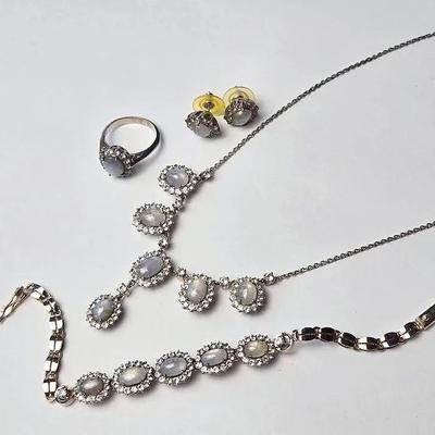 Silver Opaline Glass Cabochon With Rhinestone Halo Necklace, Bracelet, Ring & Earring Set