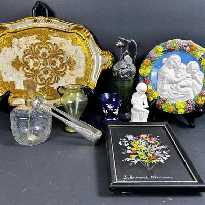 Christofle Silverplate Tongs, Della Robbia-style Italian Plaque, Glass Ewer & More