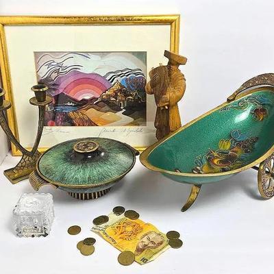 Judaic Decor: Centerpiece Bowl, Wood Figurine, Candleholder, Framed Print 12x15” 