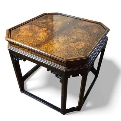Burlwood Side Table with Geometric Asian Base - 26x26x22"