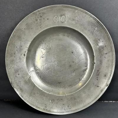 Antique European Pewter Portrait Charger - 15” Diameter