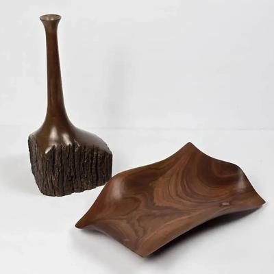 Signed Turned Wood Vase & Dish
