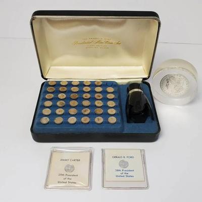 90% Silver Franklin Mint Presidential Mini-Coin Set & 1891 Morgan Dollar Lucite Paperweight