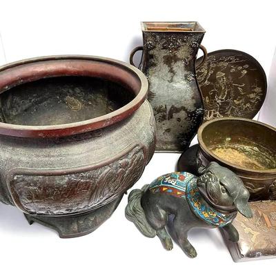 Asian Metalware: Dog Doorstop, Vase, Bowl, Plates & More