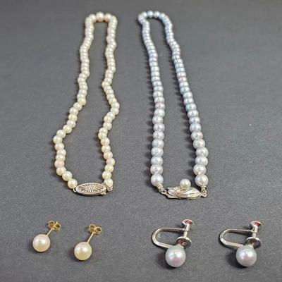 14K Gold Graduated Pearl Necklace & Pearl Earrings; Plus Silver Gray Pearls & Earrings