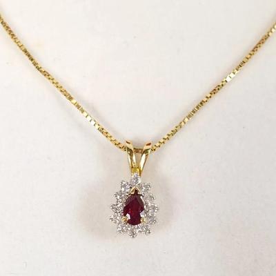 10K Gold Ruby Diamond Pendant with 14K 18" Box Chain Necklace