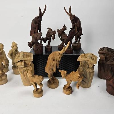 Hand-Carved Alpine Folk Art Figures – Ibex, Goats, Chalets & Village Characters (15 pcs)