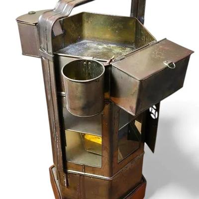 Vintage Brass Asian Street Noodle Vender Caddy On Wheeled Wood Base - 21x145x32”