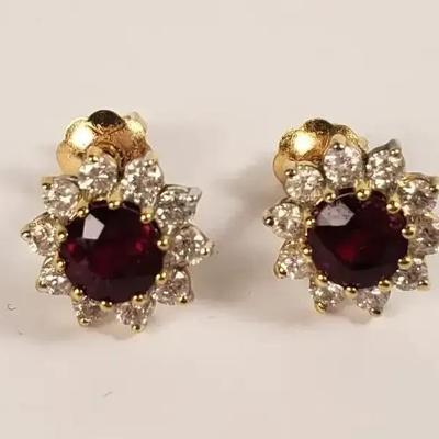 14K Gold Ruby Diamond Halo Earrings & Screw On Backings