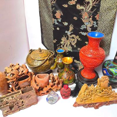 Asian Soapstone Carvings, Cloissone Vases, Snuff Bottles & More