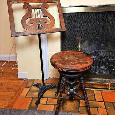 Vintage Hamilton Adjustable Music Stand & Piano Stool With Claw & Glass Ball Feet