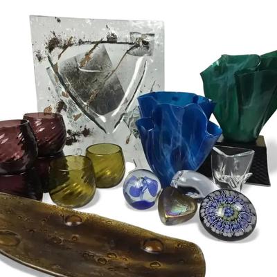 Art Glass Robert Held & Millefiori Paperweights, Handkerchief Vases, Handblown Glasses