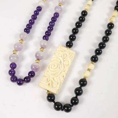Beaded Amethyst & Onyx With Bone Necklaces With 14K Gold Clasps & Bead Accents