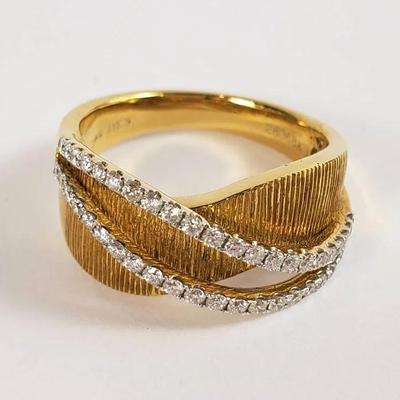 18K Gold Vintage Textured Diamond Crossover Ring - Size 6.25