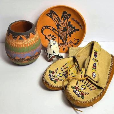 Navajo Signed Etched Vase 5.5” Tall, Beaded Moccasins, Jemez Pueblo Bowl & Figurine