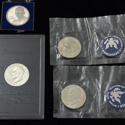 90% Silver 1971 Eisenhower Silver Dollars (3) Plus Tested Silver Carl Hayden Medal