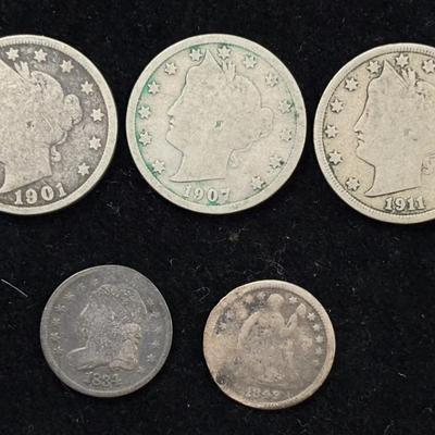 1834 Capped Bust & 1849 Seated Liberty Half Dimes & 1899-1911 Liberty Head Nickels