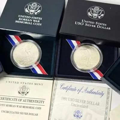 90% Silver Dollar Proof Coins - Korean War Memorial (2) & USO (2)