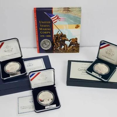 Marine Corps 230th Anniversary & Vietnam Vets Memorial 90% Silver Coins; Plus Coin & Stamp Set