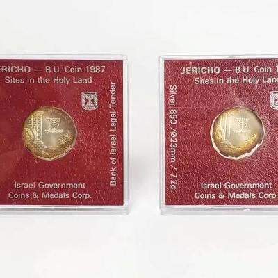 850 Silver 1987 Jericho Uncirculated 1/2 Sheqel Israeli Coins (2)