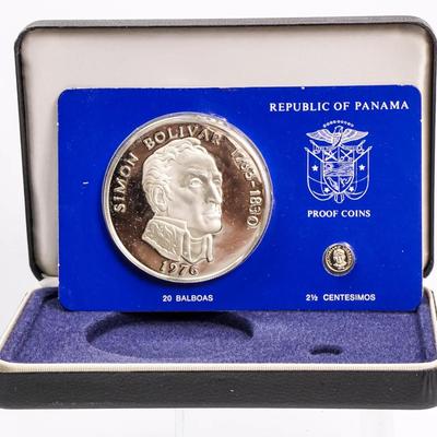 Sterling Silver 1976 Panama 20 Balboas Proof Coin - Plus 2 1/2 Centimos Coin, Franklin Mint