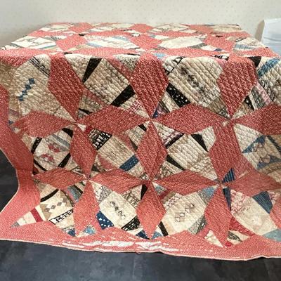 Hand-Stitched Patchwork Quilt – Red Diamond Star Pattern with Scrap Fabrics
