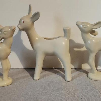 Mid Century White Deer Ceramic Figurines 