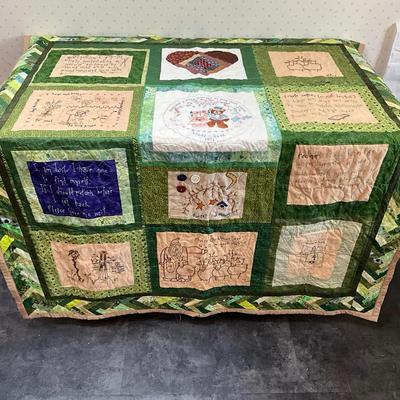 Handmade Embroidered Memory Quilt – Green Patchwork with Sentimental Panels
