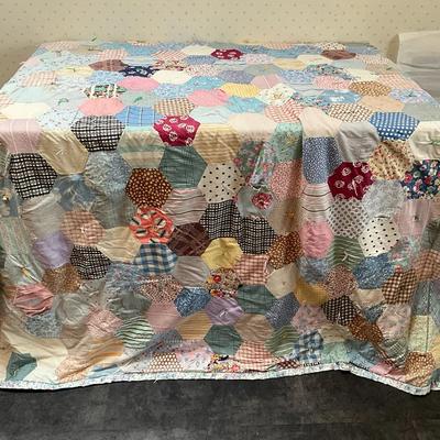 Vintage Hand-Stitched Hexagon Patchwork Quilt – Multi-Color Scrap Fabric Design
