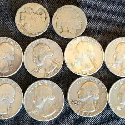 TWELVE SILVER QUATERS AND TWO BUFFALO NICKELS