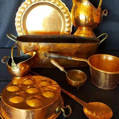 EIGHT PIECES OF COPPER COOKWARE