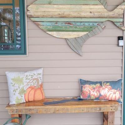 Sale Photo Thumbnail #2: Green Lake Carved Bench and Barn wood Fish Decor 